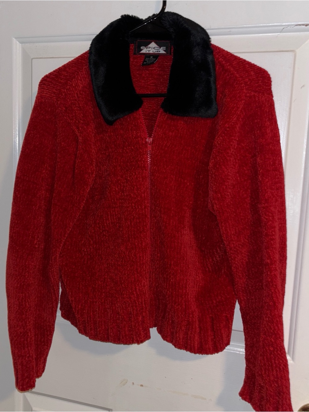 Vintage Spice It Up Red Sweater w/Black Faux Fur Trim